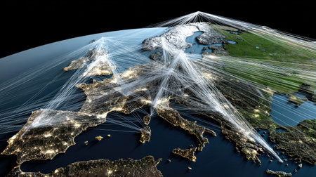 This striking image showcases the intricate network of connections across Europe at night, highlighting bright city lights and dynamic data flow visualizations.の素材