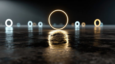 This captivating abstract image showcases glowing rings on a reflective surface, enhanced by dramatic lighting. The modern and minimalistic design evokes a sense of elegance and innovation, perfect for various creative projects.の素材
