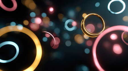 This stunning abstract background features colorful bokeh lights and glowing circular shapes drifting in dark space, creating a vibrant atmosphere.の素材