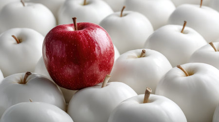 A striking red apple contrasts beautifully with a group of white apples, creating a visually appealing arrangement. Ideal for concepts of uniqueness and health.の素材