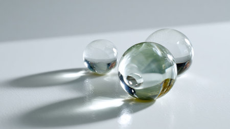 Three clear glass spheres are placed on a smooth reflective surface casting soft shadows, creating an elegant and minimalistic aesthetic perfect for art displays.の素材