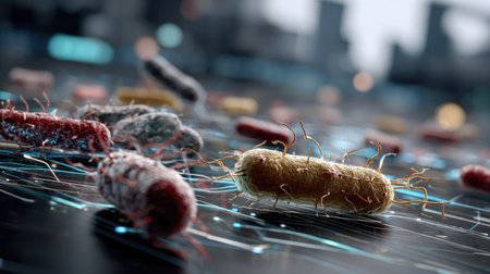 This image showcases a close-up view of various bacteria interacting with a digital network background, symbolizing the intersection of biology and technology.の素材