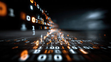 This image features an abstract representation of digital data flowing as binary code in a dark environment, highlighted by glowing orange elements.の素材
