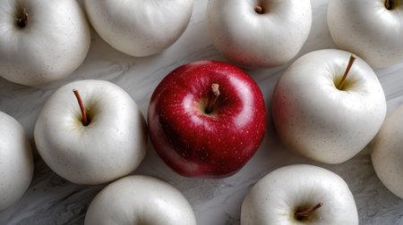 This captivating image features a striking red apple centrally placed among white apples, highlighting healthy eating choices and vibrant colors.の素材