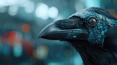 This captivating image showcases a raven with intricate digital circuit patterns on its head, blending nature and technology in a vibrant urban setting.の素材