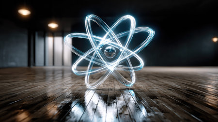 This image showcases a futuristic atomic model in a modern interior space, illuminated by stylish lighting, emphasizing science and innovation.の素材