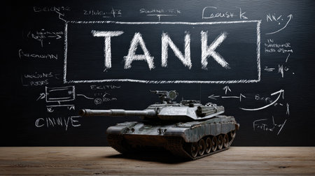 A striking image featuring a detailed model of a military tank set against a black chalkboard filled with technical diagrams and the word "Tank."の素材