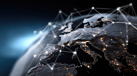 Stunning aerial view of Europe illuminated at night, showcasing a network of connections and vibrant lights. Ideal for themes of technology and global communication.の素材