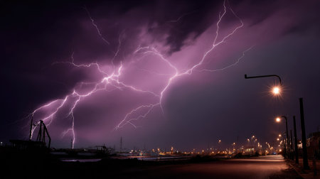 A dramatic night scene featuring powerful lightning bolts illuminating the sky above a quiet city street. The vibrant violet hues create an awe-inspiring atmosphere, capturing the essence of a thunderstorm.の素材