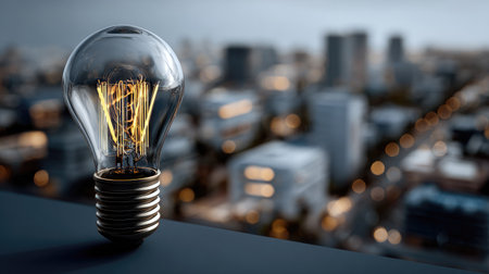 A vintage light bulb rests on a ledge, radiating a warm glow against a blurred city skyline at dusk, creating an artistic and atmospheric effect.の素材