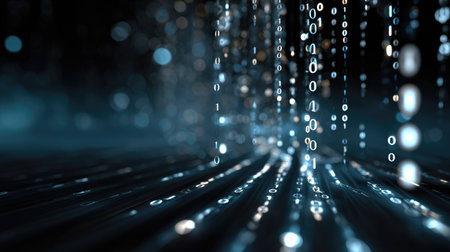This captivating abstract image showcases a digital representation of binary code flowing like rain. It features glowing particles against a futuristic backdrop, evoking themes of technology and data exchange.の素材