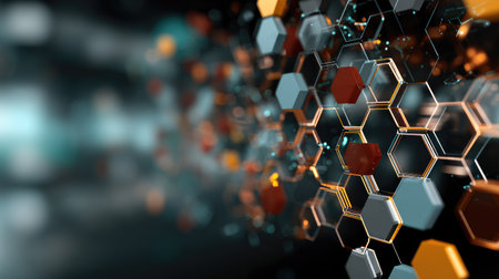 This visually stunning abstract image showcases a hexagonal pattern illuminated by vibrant colors and floating particles, creating a modern digital aesthetic perfect for technology themes.の素材