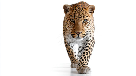 A stunning portrait of a leopard walking directly towards the camera, showcasing its intricate fur pattern and intense gaze. The image captures the essence of wildlife.の素材