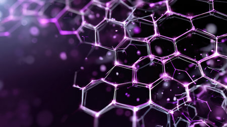 This visually striking abstract image captures a molecular structure with intricate hexagonal patterns illuminated in vibrant pink and purple hues, ideal for science or technology themes.の素材