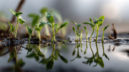 A captivating scene showcasing fresh green seedlings emerging from water, reflecting soft morning light, symbolizing growth and renewal in nature.の素材