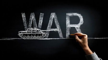 This image features an artistic representation of war, showcasing a tank next to the word "war" drawn in chalk, illustrating conflict themes.の素材