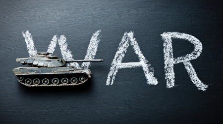 A detailed tank model placed next to the word "WAR" written in white chalk on a blackboard. This image symbolizes military conflict and the complexities of war.の素材