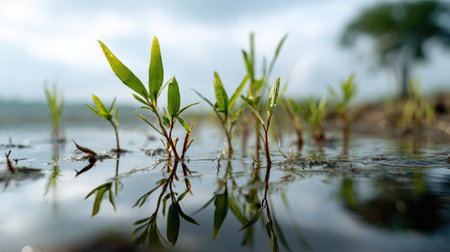 This stunning image captures the emergence of green shoots from shallow water, reflecting a serene wetland environment under soft, cloudy skies.の素材