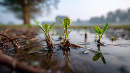 Early morning light illuminates fresh green sprouts emerging from waterlogged soil, showcasing natureの素材