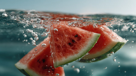 Three vibrant watermelon slices are splashing into clear water, creating a refreshing scene filled with bubbles, perfect for summer enjoyment and healthy eating.の素材