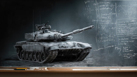 A creative chalkboard illustration of a military tank designed to inspire imagination in an educational environment, integrating art with learning.の素材