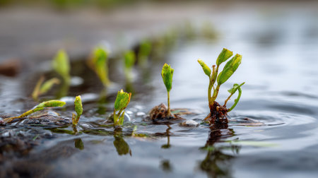 Vibrant young sprouts emerge from the water's edge, showcasing resilience and growth in a shallow wetland area. A picture of nature's beauty.の素材