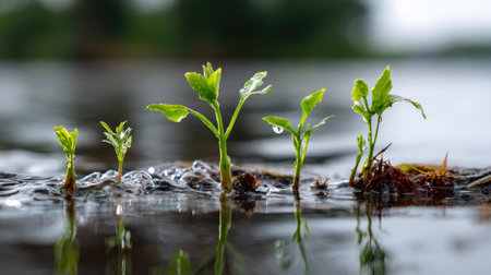 Vibrant green seedlings emerge from the water's surface, showcasing the beauty of nature's renewal. The soft bokeh effect enhances the serene atmosphere.の素材