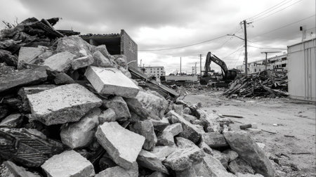 A monochrome image showcasing a large pile of debris at a demolition site, featuring heavy machinery amidst a cloudy urban landscape.の素材