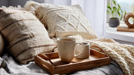 An inviting scene of a cozy home interior featuring soft textiles, warm colors, and delicate tableware on a wooden tray, perfect for relaxation.の素材