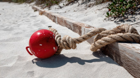 A striking red buoy secured with a thick rope rests on sunlit sand, highlighting textures and natural elements of the beach environment.の素材