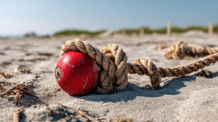 A vibrant red buoy tied with rope lies on a sandy beach, showcasing the beauty of coastal life and inviting a sense of tranquility and relaxation.の素材