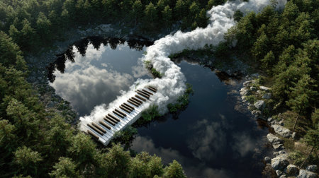 A stunning aerial view showcasing a heart-shaped lake, surrounded by lush forest, with piano keys creating a striking visual impact.の素材