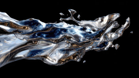 This stunning image presents an abstract metallic splash, showcasing dynamic fluid motion against a black background. Ideal for artistic visuals and creative projects.の素材