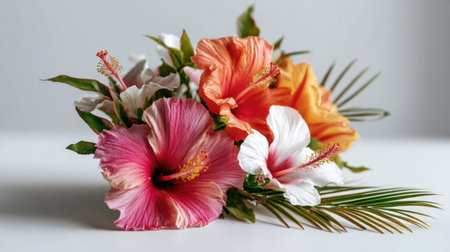 A stunning close-up of a colorful hibiscus flower arrangement showcasing pink, orange, and white blooms, complemented by lush greenery, perfect for floral inspiration.の素材