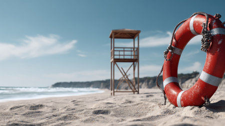 A vibrant lifebuoy rests on a sandy beach, with a lifeguard tower in the background under a clear blue sky. Perfect for summer vacation imagery.の素材