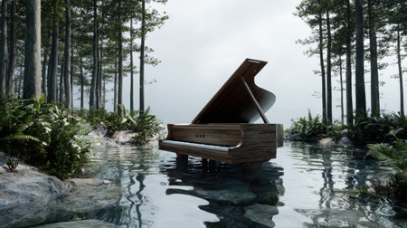 A grand piano stands gracefully in a peaceful forest, surrounded by water and lush greenery. This surreal scene invites contemplation and creativity.の素材