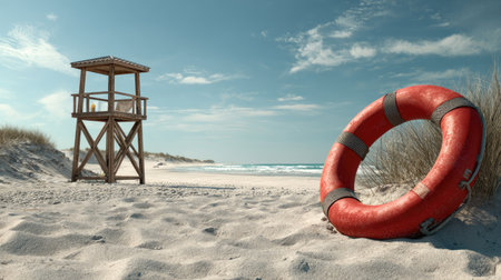 A serene beach scene featuring a wooden lifeguard tower and a vibrant rescue ring in the foreground. The soft sandy beach meets the gentle waves under a bright blue sky, creating an idyllic atmosphere for relaxation and safety.の素材