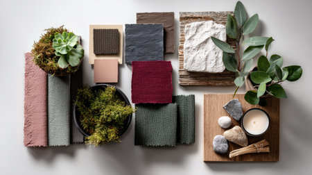 A visually captivating arrangement of fabric swatches, natural stones, and elements of greenery, ideal for illustrating modern interior design concepts and aesthetics.の素材