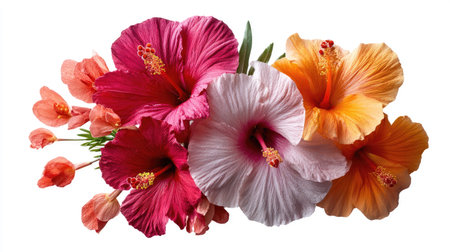 A stunning arrangement of vibrant tropical hibiscus flowers, showcasing a spectrum of colors including pink, orange, and red, ideal for decorative use.の素材