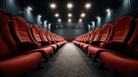 A captivating image of an empty movie theater showcasing rows of red seats under soft lighting. The atmosphere evokes a sense of anticipation and quietude.の素材