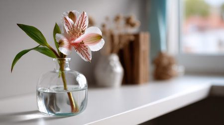 A delicate flower displayed in a clear glass vase sits on a modern shelf, illuminated by soft natural light, creating a soothing, inviting atmosphere.の素材
