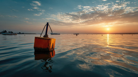 This stunning image showcases a buoy floating in calm waters at sunset, with soft clouds reflecting the warm colors of the sky, creating a tranquil and serene atmosphere perfect for visual art and nature lovers.の素材