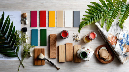 An aesthetic flat lay featuring a vibrant color palette with paint samples and brushes alongside natural elements and textiles. Ideal for design inspiration.の素材