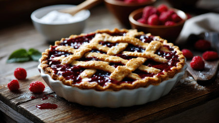 A mouthwatering raspberry pie with a golden lattice crust sits on a rustic wooden table, surrounded by fresh berries and sugar, perfect for any gathering.の素材