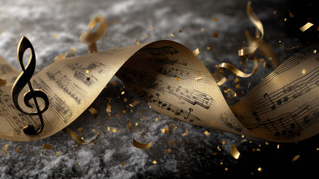 Discover a captivating image of a flowing ribbon adorned with musical notes and a treble clef, surrounded by golden confetti, perfect for celebratory themes.の素材