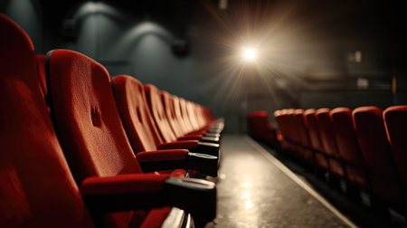 This image captures a row of empty red theater seats in a modern cinema, illuminated by bright spotlights, creating a dramatic atmosphere.の素材