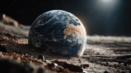 This stunning image captures Earth as seen from the Moon's surface, emphasizing the textures of the lunar landscape and the vibrant colors of our planet.の素材