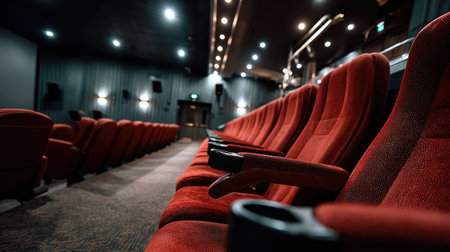 This image showcases a row of empty red cinema seats in a modern movie theater. The cozy atmosphere and ambient lighting invite relaxation and enjoyment.の素材