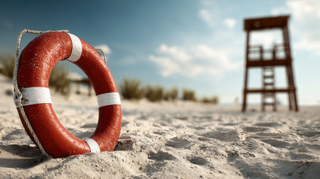A bright red lifebuoy rests on the sandy beach, with a lifeguard tower standing in the background under a serene sky. Perfect for summer scenes.の素材