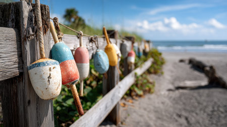 A collection of colorful fishing floats hangs on a rustic wooden fence with a stunning beach and ocean backdrop. This captures the essence of summer relaxation.の素材